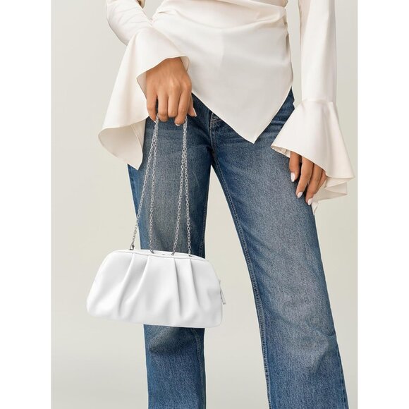 ⚡Women's Soft Pleated Vegan Leather Zipper Closure Evening White Clutch Bag - Picture 2 of 6